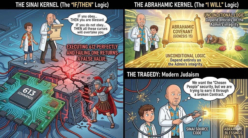 Conceptual visual: Two tablets representing a contract and a glowing hand representing a promise—illustrating the difference between conditional (Sinai) and unconditional (Abrahamic) covenants